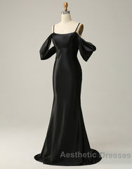 Black Off The Shoulder Criss-Cross Back Long Satin Evening Prom Dresses