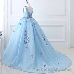 Blue Butterfly Flowers Lace Up Ball Gowns Long Evening Prom Dresses