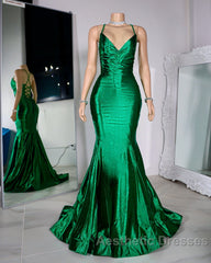 Satin Trumpet V-Neck Spaghetti Straps Evening Prom Evening Dresses For Black Girls