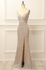 Silver Sequins Long Evening Prom Dresses with Slit