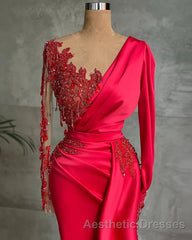 Gorgeous Red Long Sleeve Mermaid Evening Prom Dresses Lace Appliques Evening Prom Gown Ruffles