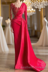 Gorgeous Red Long Sleeve Mermaid Evening Prom Dresses Lace Appliques Evening Prom Gown Ruffles