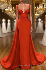 Beautiful Red Starps Sweetheart Long Evening Prom Dresses With Split