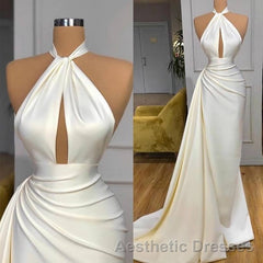 Ivory Halter Long Evening Prom Dresses With Split Detachable Train