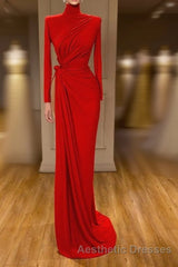 Glamorous High Neck Long Sleeve Red Evening Prom Dresses Long With Split