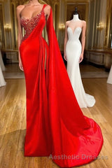 Unique Red Stones Sleeveless High split mermaid Evening Prom Dresses