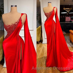 Unique Red Stones Sleeveless High split mermaid Evening Prom Dresses
