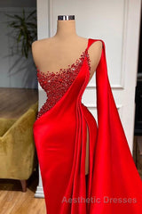Unique Red Stones Sleeveless High split mermaid Evening Prom Dresses