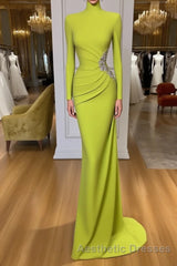 Ginger yellow High-neck Long-sleeves Metallic Beaded Mermaid Evening Prom Dresses