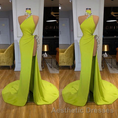 Unique Ginger yellow Triangle Neck Sexy high side-cut Long Evening Prom Dresses