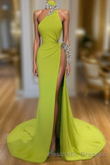 Unique Ginger yellow Triangle Neck Sexy high side-cut Long Evening Prom Dresses