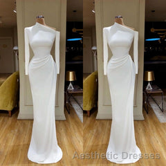 Creamy White Unique neck Long sleeves Mermaid Evening Prom Dresses