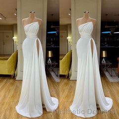 Strapless Creamy White High-split Pleated Long Evening Prom Dresses