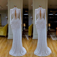 Stunning Long Sleeve High Neck Sequins Evening Prom Dresses Mermaid Long