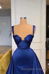 Chic Royal Blue Straps Sweetheart Evening Prom Dresses Overskirt With Detachable Train