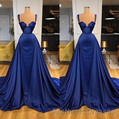 Chic Royal Blue Straps Sweetheart Evening Prom Dresses Overskirt With Detachable Train