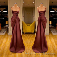 Burgundy Spaghetti-Straps Mermaid Ruffles Evening Prom Dresses Long