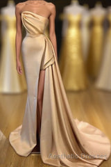 Designer Long Champagne Evening Prom Dresses Side Split Evening Prom Party Gowns