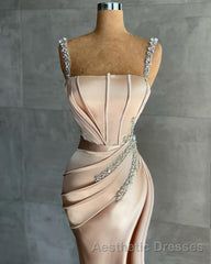 Straps Beadings Long Mermaid Evening Prom Dresses Split Evening Prom Gowns