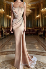 Straps Beadings Long Mermaid Evening Prom Dresses Split Evening Prom Gowns
