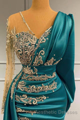 Glamorous Long Sleeve Mermaid Evening Prom Dresses With Lace Appliques Party Gowns