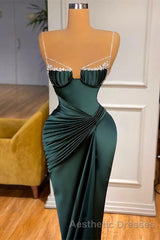Gorgeous Dark Green Spaghetti-Straps Mermaid Evening Prom Dresses With Beadings