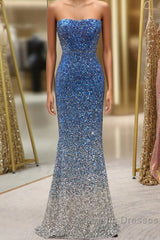 Sparkly Ombre Blue Mermaid Strapless Long Sequin Evening Prom Dresses