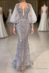 Charming Long Mermaid Sweetheart Tulle Lace Evening Prom Dresses with Puffy Sleeves