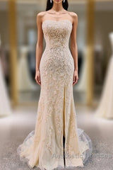 Classy Gold Lace Appliques Long Strapless Evening Prom Dresses with Side Slit