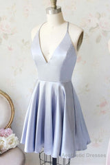 Cute Light Blue V Neck Satin Short Light Blue Homecoming Dresses