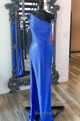 One Shoulder Mermaid Royal Blue Long Formal Dresses