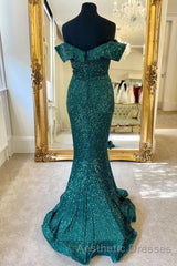 Off the Shoulder Burgundy Sequins Mermaid Long Formal Dresses