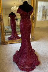 Off the Shoulder Burgundy Sequins Mermaid Long Formal Dresses