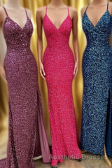 Sparkle Mermaid Sequin Long Evening Prom Dresses with Slit