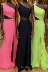 One Shoulder Mermaid Long Evening Prom Dresses with Side Cut