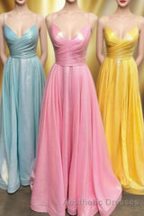 Simple A-line Pleated Spaghetti Straps Long Evening Prom Dresses