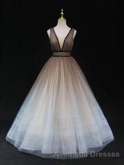 Glitter A-Line V Neck Tulle Long Evening Prom Dresses Tulle Long Formal Party Dresses