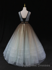 Glitter A-Line V Neck Tulle Long Evening Prom Dresses Tulle Long Formal Party Dresses