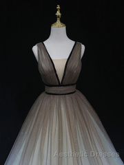 Glitter A-Line V Neck Tulle Long Evening Prom Dresses Tulle Long Formal Party Dresses