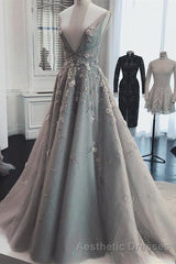 Deep V Neck Sleeveless Evening Prom Dresses Long Party Gown with Appliques
