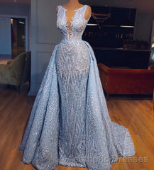 Elegant Blue Lace Sleeveless Deep V Neck Evening Prom Dresses Party Dresses