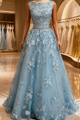 Dusty Blue A-line Backless Evening Prom Dresses Long Dusty Blue Lace Formal Dresses