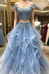 Dusty Blue Two Piece Off Shoulders Ruffles Skirt Evening Prom Dresses