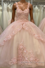 Quinceanera Sweet Tulle Ball Gown 16 Lace Pink Party Flower Sparkly Evening Prom Dresses
