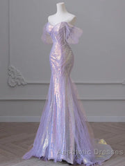 Purple Sweetheart Sequin Beaded Mermaid Long Evening Prom Dresses,Purple Tulle Train Evening Prom Gown