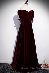 Modest Burgundy Long Evening Prom Dresses with Short Sleeves Vintage Evening Prom Gown