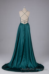 Elegant Open Back Spaghetti Straps Sweep Train Long Evening Prom Dresses