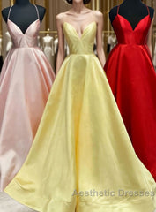 Elegant Yellow Satin Long Evening Prom Dresses with Cross Back