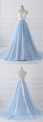 Elegant Long Blue Evening Prom Dresses with White Lace Top | Senior School Formal Dresses