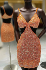 Cut Out Waist Orange Beaded Mini Homecoming Dresses
